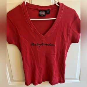 Harley Davidson Women's Vintage Red V-neck Ribbed‎ Short Sleeve Logo Tee Size L